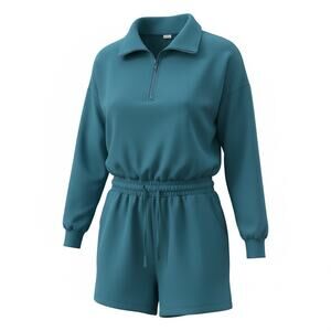 Lightweight Jersey knit M teal long-sleeve half-zip shorts romper